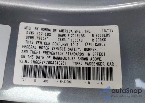 2016 Honda Accord Ex from USA, damaged, VIN 1HGCR2F76GA043251